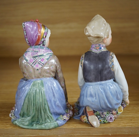 Two Royal Copenhagen figures of girls wearing national costume, Amager boy, model 12414 and Fano girl, model 12413, bases drilled, 14cm. Condition - fair to good